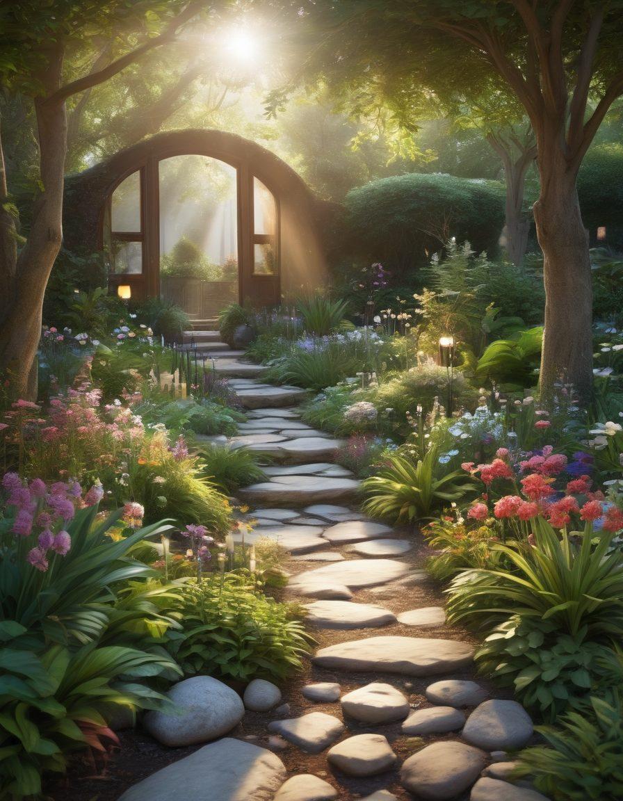 A serene landscape depicting a tranquil garden with diverse plants and flowers, symbolizing healing, surround a cozy gathering space where people of various ages are supporting one another. Soft sunlight filters through trees, casting gentle shadows, while butterfly motifs subtly represent transformation. Include elements like candles or healing crystals to enhance the atmosphere of calm and support. super-realistic. vibrant colors. gentle lighting.