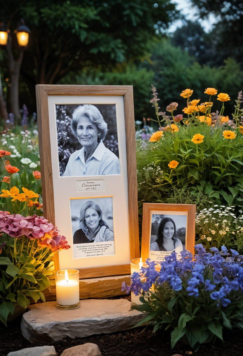 A serene and respectful memorial setting featuring personalized touches like framed photos and mementos glowing softly under warm lighting. Include a gentle breeze rustling through a garden filled with vibrant wildflowers, symbolizing life's journey and transitions. In the background, show a compassionate figure engaged in thoughtful conversation with a grieving family, providing support and guidance. Soft pastel colors and tranquil ambiance. super-realistic. soft lighting. warm colors.