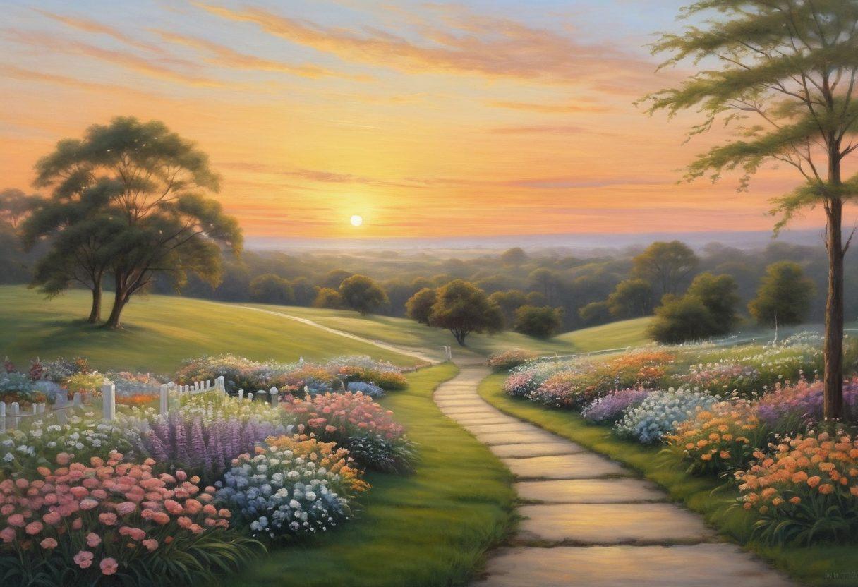 A serene and peaceful scene depicting a gentle landscape with a soft sunset, symbolizing compassion and remembrance. Include elements like a tranquil pathway lined with flowers and subtle silhouettes of people engaged in supportive conversations. Add an elegant funeral service setting in the background, showcasing affordability and care. The overall mood should evoke warmth, hope, and support. soft pastels. super-realistic.